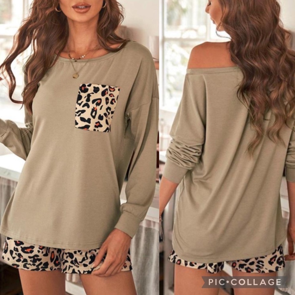 BROWN Solid Long Sleeve Leopard Shorts Loungewear NEW